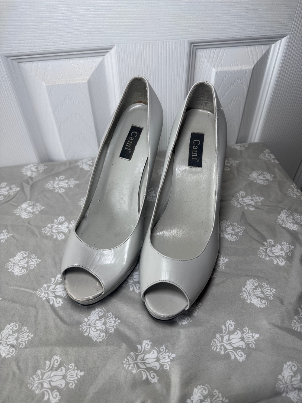 Grey Patent Peep-Toe Heels
